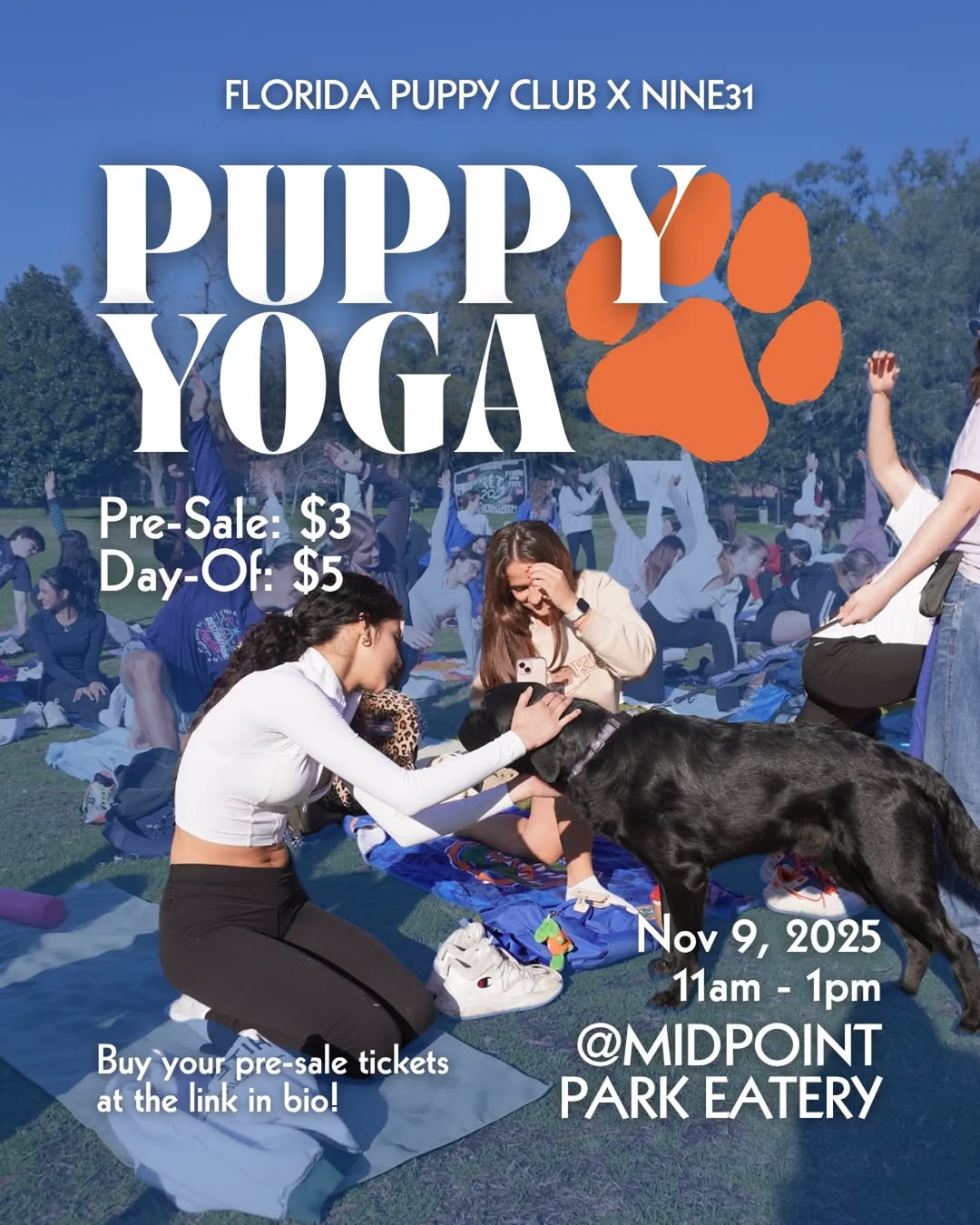 We're partnering with NINE31 apartments to host our biggest fundraising event of the semester, Puppy Yoga! Join us for a fun and relaxing morning while our service dogs in training get socialization and exposure experience. ALL proceeds go to @dogsinc.official so they can continue raising and training guide and service dogs for those in need. Bring your own mat\/towel and water!\n\n*Dogs will be working during the event so they can get vital practice in a new environment with large crowds of people. Participants can pet dogs and take pictures with them after the yoga session when they take their vests off.*